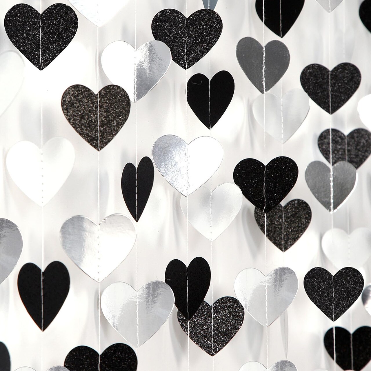 Black White-Silver Party-Decoration Heart Garland (Blace Silver Heart) 52 Feet